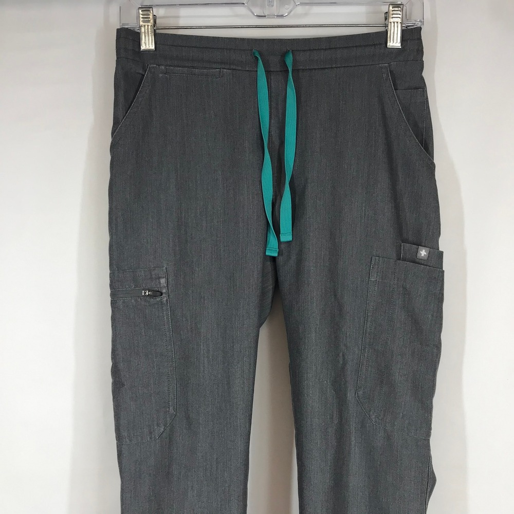 FIGS Graphite Gray Cargo Scrub Pants Slim Fit Jogger Teal Drawstring Mens Small - Picture 2 of 13